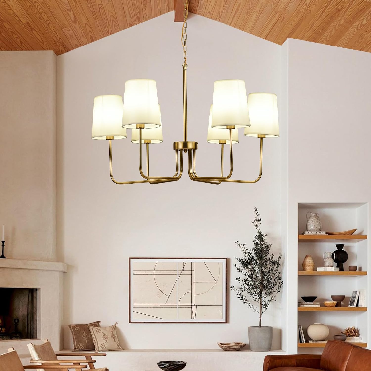 29.5" Gold Farmhouse Chandelier with Shade, 6-Arm Modern Dining Room Chandeliers Light Fixture,Industrial Hanging Pendant Lights for Kitchen Bedroom Living Room Bulb Not Included