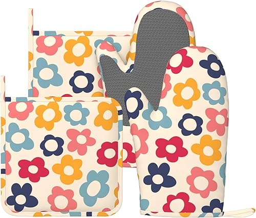 Miniatura 12 de Juego de 4 manoplas de horno y soportes para ollas retro de los años 70 con diseño de hongos hippie, de silicona, resistentes al calor, guantes