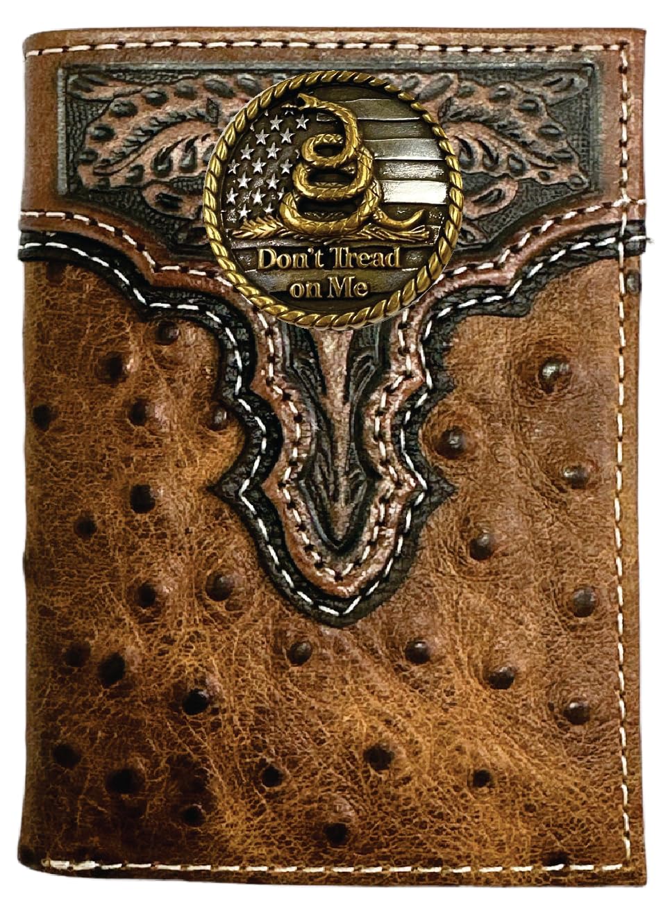 Custom U. S. Don't Tread On Me ARIAT Tooled Ostrich Trifold Wallet