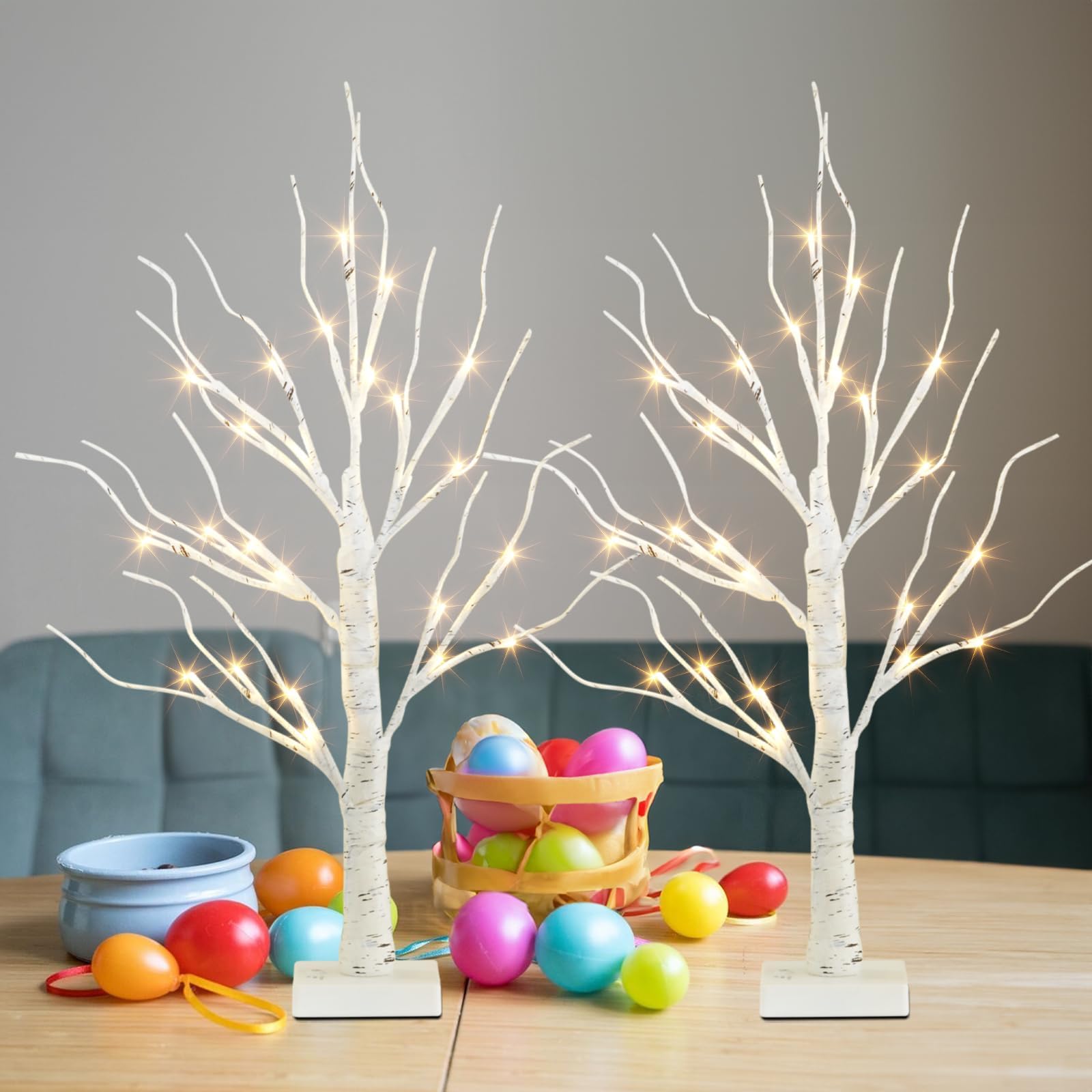 EAMBRITE Easter Decorations, 2PK Easter Tree Lights with Honeycomb Bunny and Egg Ornaments, Lighted Birch Tree centerpieces, Battery Powered Spring Trees for Tabletop Mantel Home Decor (2FT, Timer)