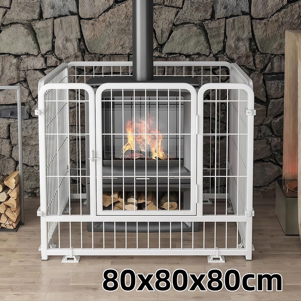 Ogrodzenie ochronne dla zwierząt domowych z drzwiami, drewniana osłona kominka, metalowy plac zabaw dla psów, bariera choinkowa, kolor biały, 80 x 80 x 80 cm, idealny dla zwierząt domowych i dzieci
