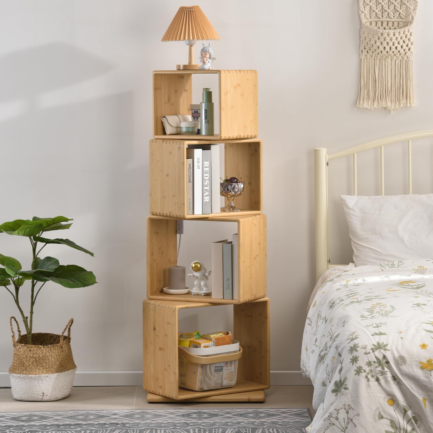 4-Tier Modern Rotating Bamboo Bookcase, DIY Free-Standing Bookshelf Large Capacity Creative Open Book Cabinet, 2 in 1 Nightstand Storage Organizer