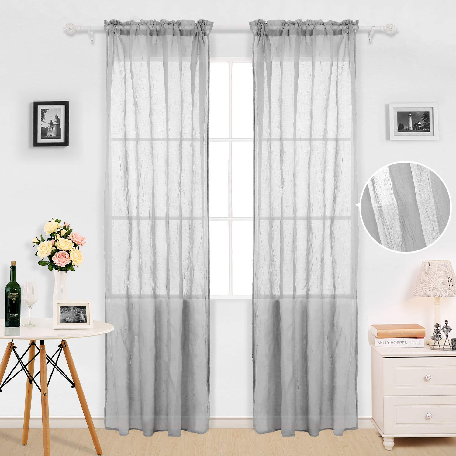 Deconovo sólido (aspecto de lino), color ondulados Sheer sintética India algodón cortina paneles 1 par, poliéster y mezcla de poliéster, Gris, 42W x 95L Inch