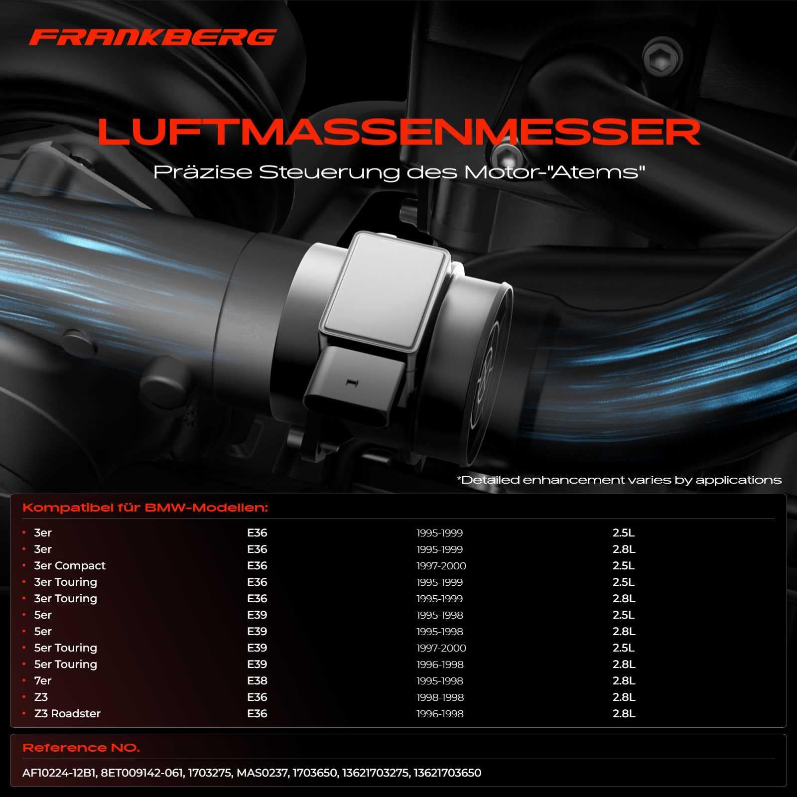 Frankberg Luftmassenmesser Kompatibel mit 3er E36 323i 328i 5er E39 523i 528i 7er E38 728i Z3 E36 2.8i 2.5L 2.8L Benzin 1994-2000 13621703650