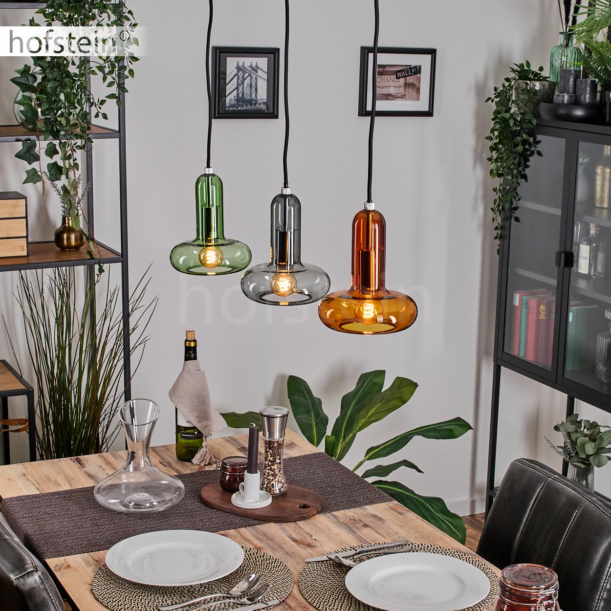 HOFSTEIN Pendelleuchte Salavisa, moderne Pendellampe aus Metall/Glas in Schwarz/Bernstein/Rauch/Grün, Hängeleuchte im Retro-Design, Schirme aus Glas Ø 15 cm, Höhe max. 173 cm, 3x E14, Esszimmer, Küche