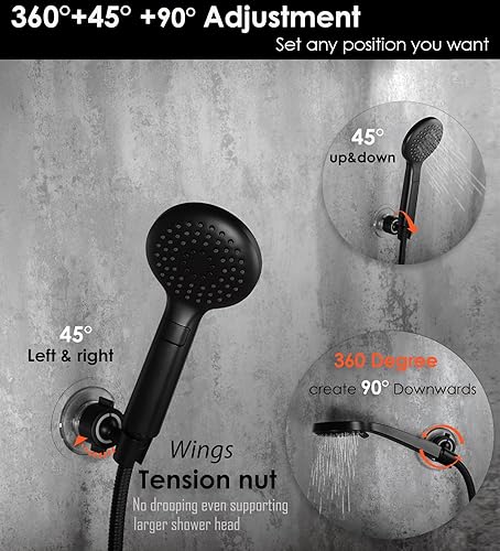 Miniatura 3 de Soporte para cabezal de ducha de mano ajustable 360, fácil montaje con adhesivo fuerte, soporte para manguera de ducha de baño (negro mate)