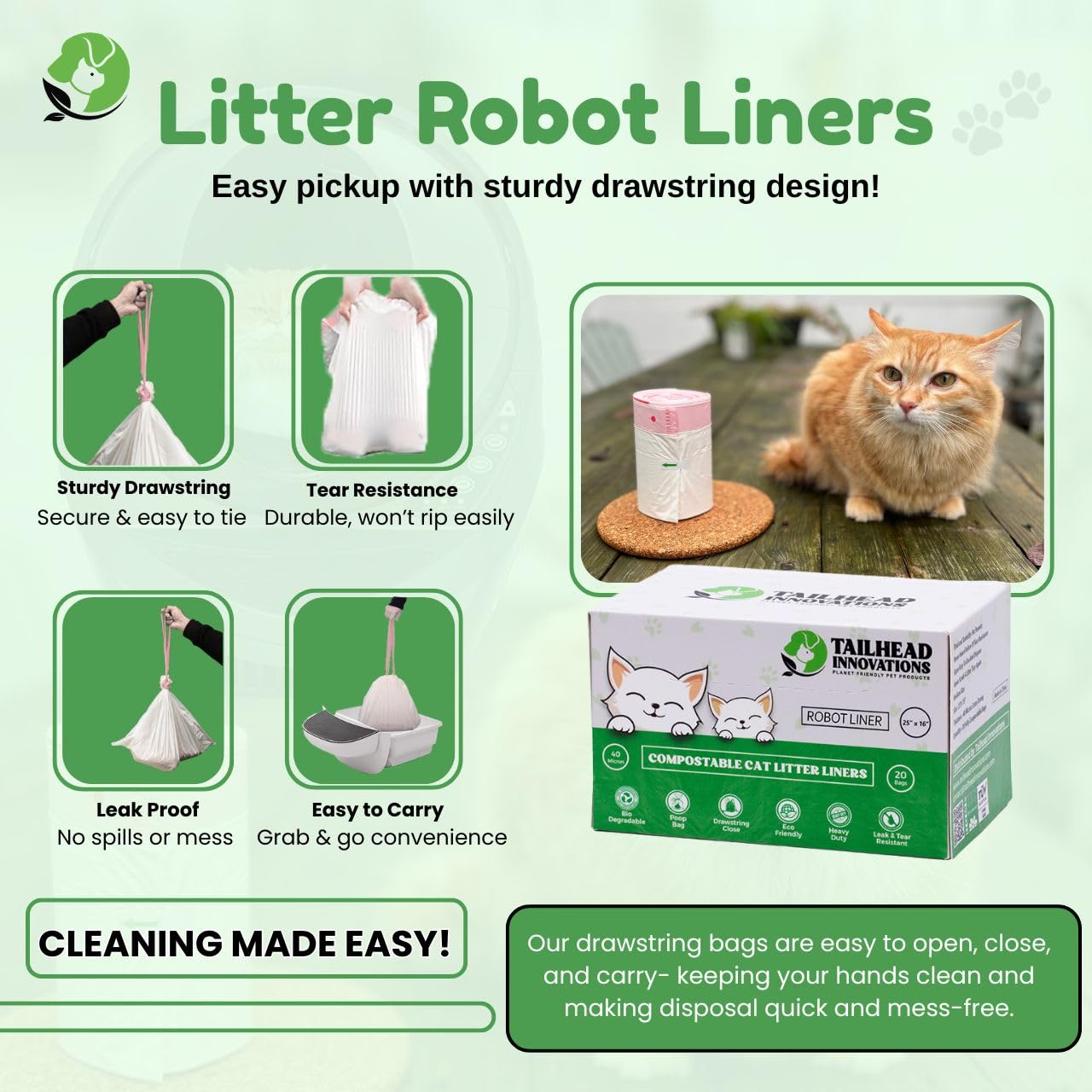 Revestimientos para robot de arena – Compatible con Litter Robot 3/4 – 25 pulgadas x 16 pulgadas – Cierre de cordón – Libre de olores y toxinas – 100% compostable – 40 micras de grosor – Resistente a