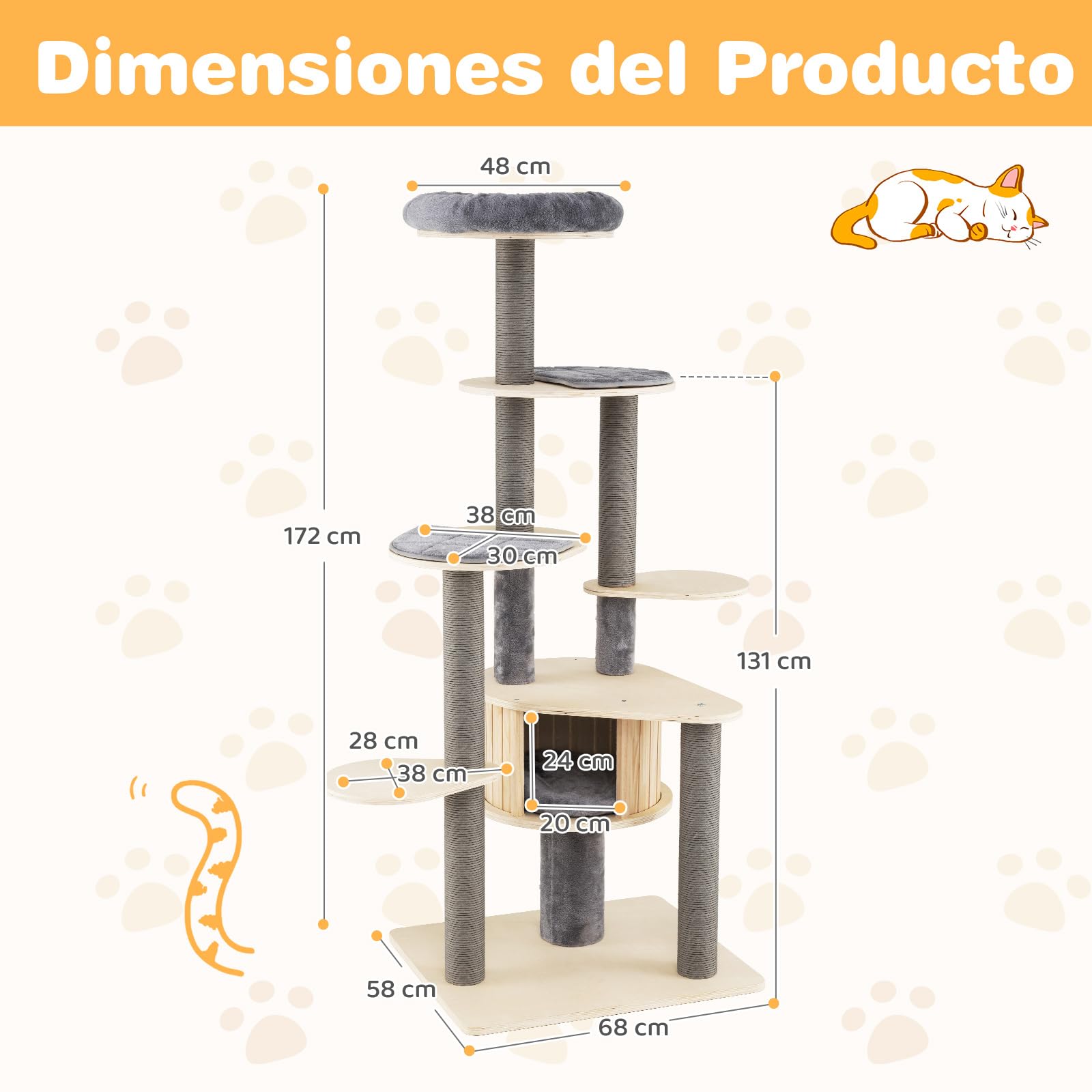 COSTWAY Árbol Rascador para Gatos Grandes de 197 cm, Torre de Escalador para Gatos de Múltiples Niveles con Acolchado Superior, Casa, Alfombrillas Desmontables, Postes para Rascar, Base Estable, Gris
