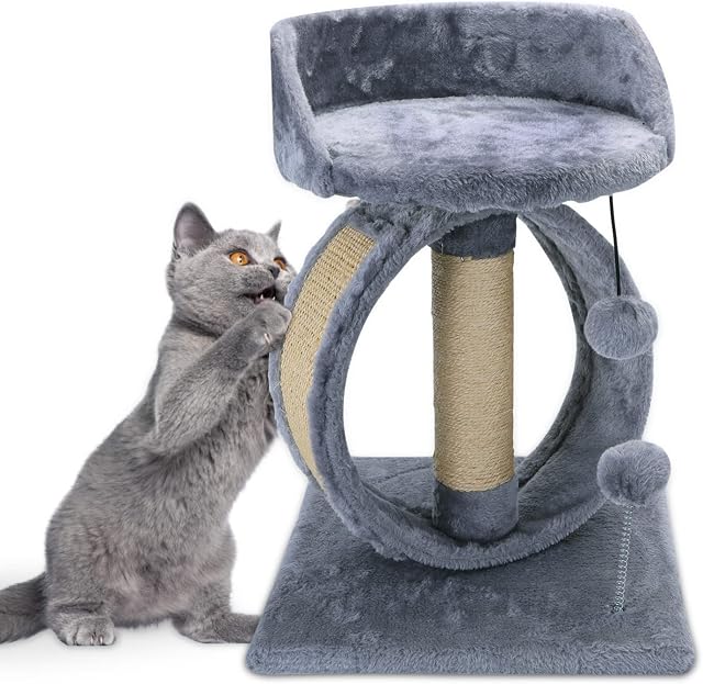 Nobleza - Cat Trees, 48cm Cat Scratching Post, Play Tower with 1 Cat Scratch Post and 1 Pads, 1 Rest Place, 2 Plush Toy Balls, Pet Cat Activity Centre for Indoor Cats Kitten, Gray, 35x35x48cm