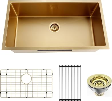 32 Inch Gold Undermount Single Bowl Kitchen Sink, Stainless Steel Drop-in Kitchen Sink with Basket Strainer, Gold Grid, Roll up Drying Rack, 32x19x10