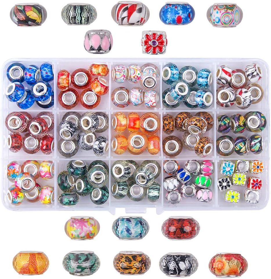 Fishdown 124 PCS Lampwork Murano European Round Faceted Beads Spacer Beads Crystal Large Hole Beads Assortment for Jewelry Bracelet Making with Snake Chain Charm Bracelet