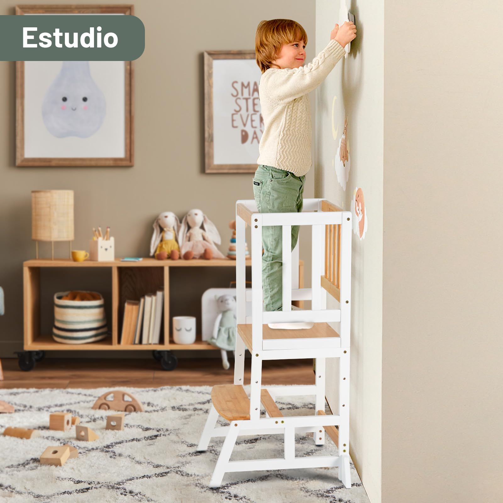 COSYLAND Torre de Aprendizaje Montessori para Niños 1-6 Años - 3 Niveles Altura Regulable Blanco Natural