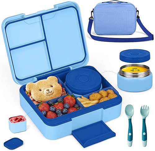 Bento Box Set con 9.5 onzas de sopa termo para niños, contenedor a prueba de fugas con 4 compartimentos de acero inoxidable aislado para alimentos