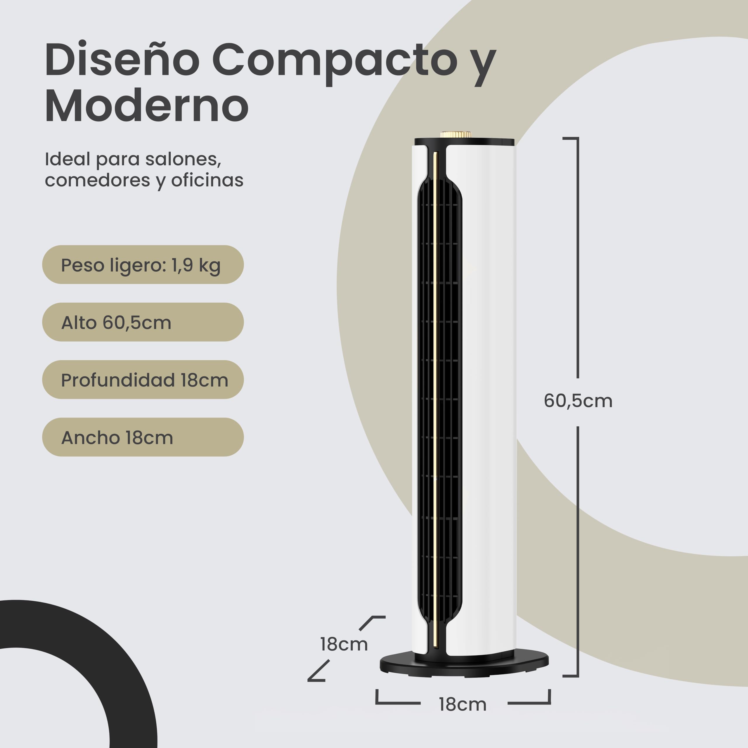Termoventilador vertical cerámico 1500W | Calefactor eléctrico portátil con 2 potencias, 3 funciones, termostato regulable, oscilación y sistema antivuelco (Blanco)