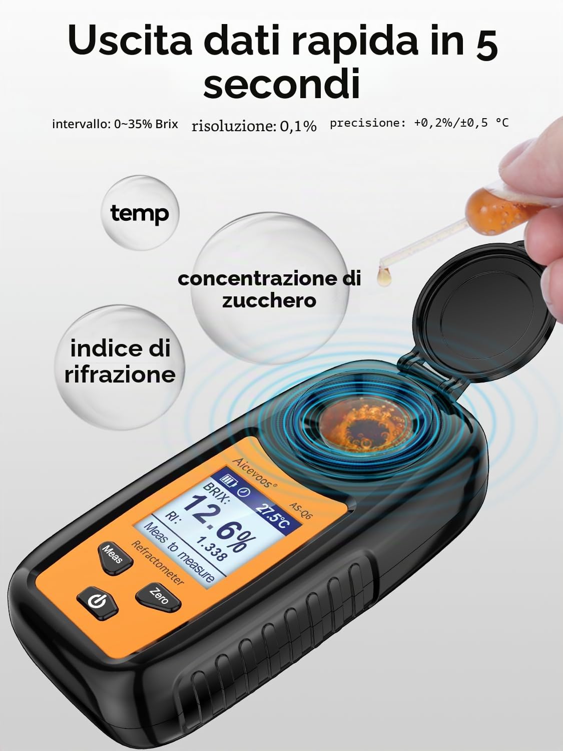 Q6 Rifrattometro Brix Digitale, Mostimetro per Vino, Rifrattometro UVA Compensazione Automatica della Temperatura Gamma Rifrattometro Brix 0-35%，±0,2% Precisione