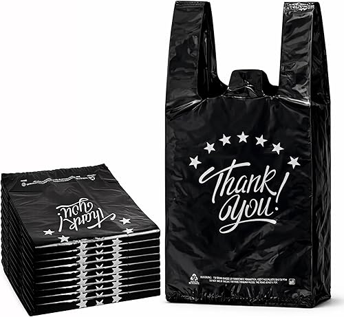 YoYoRain Bolsa negra para camisetas con texto en inglés "Thank you", bolsa de supermercado reutilizable y desechable, 11 x 6 x 21 pulgadas, 100