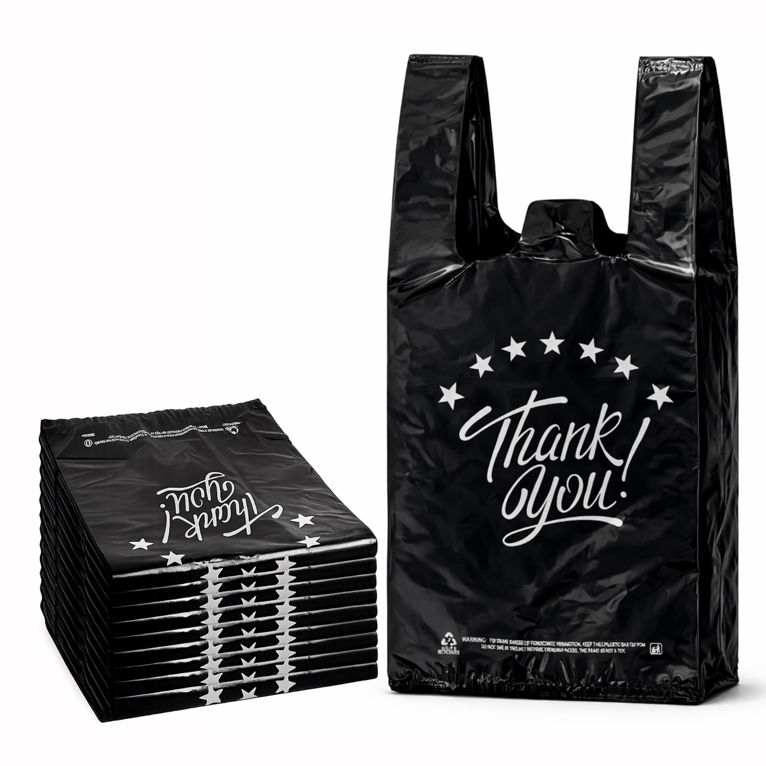 YoYoRain Black Thank you T shirt bag, Grocery shopping bag Reusable and Disposable Supermarket Bag 11''x6''x21'' 100PCS