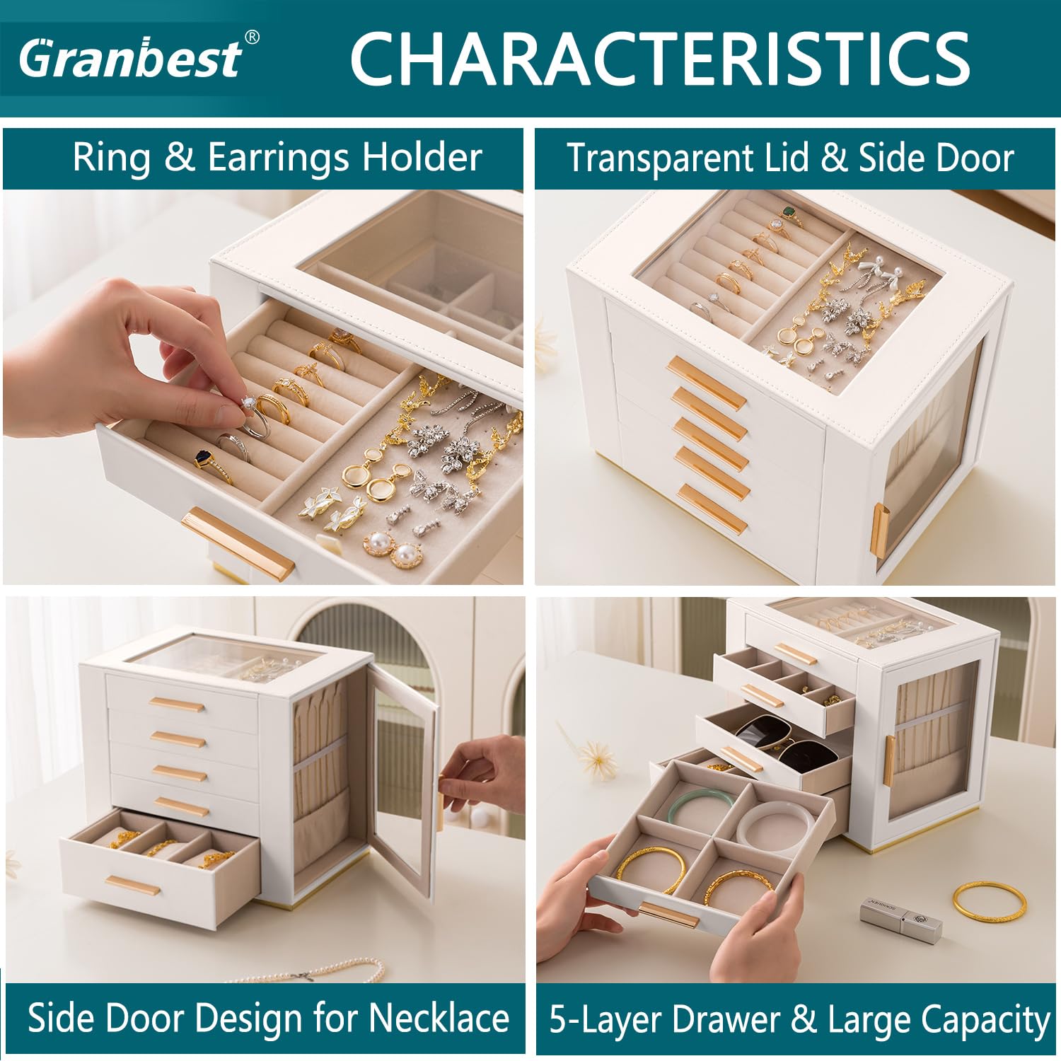 Granbest - Caja de joyería de 5 niveles con tapa de vidrio, organizador de joyas de alta capacidad con cajones y espejo, joyero de PU para collares, pendientes, anillos, pulseras (blanco)