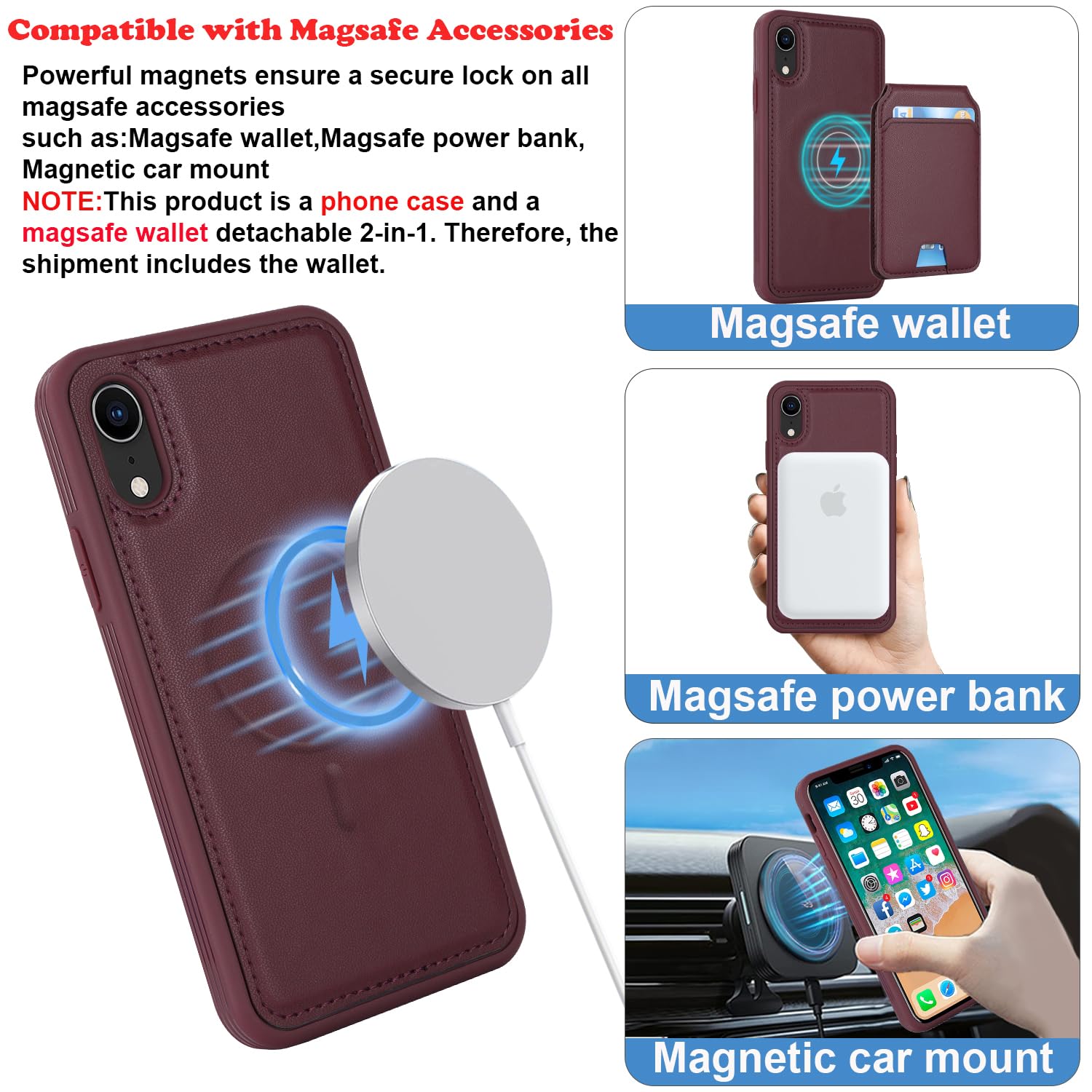 ?????? for iphone XR phone case magsafe compatible for women iPhone XR Case wallet with Card Holder detachable magnetic leather cover-Wine Red