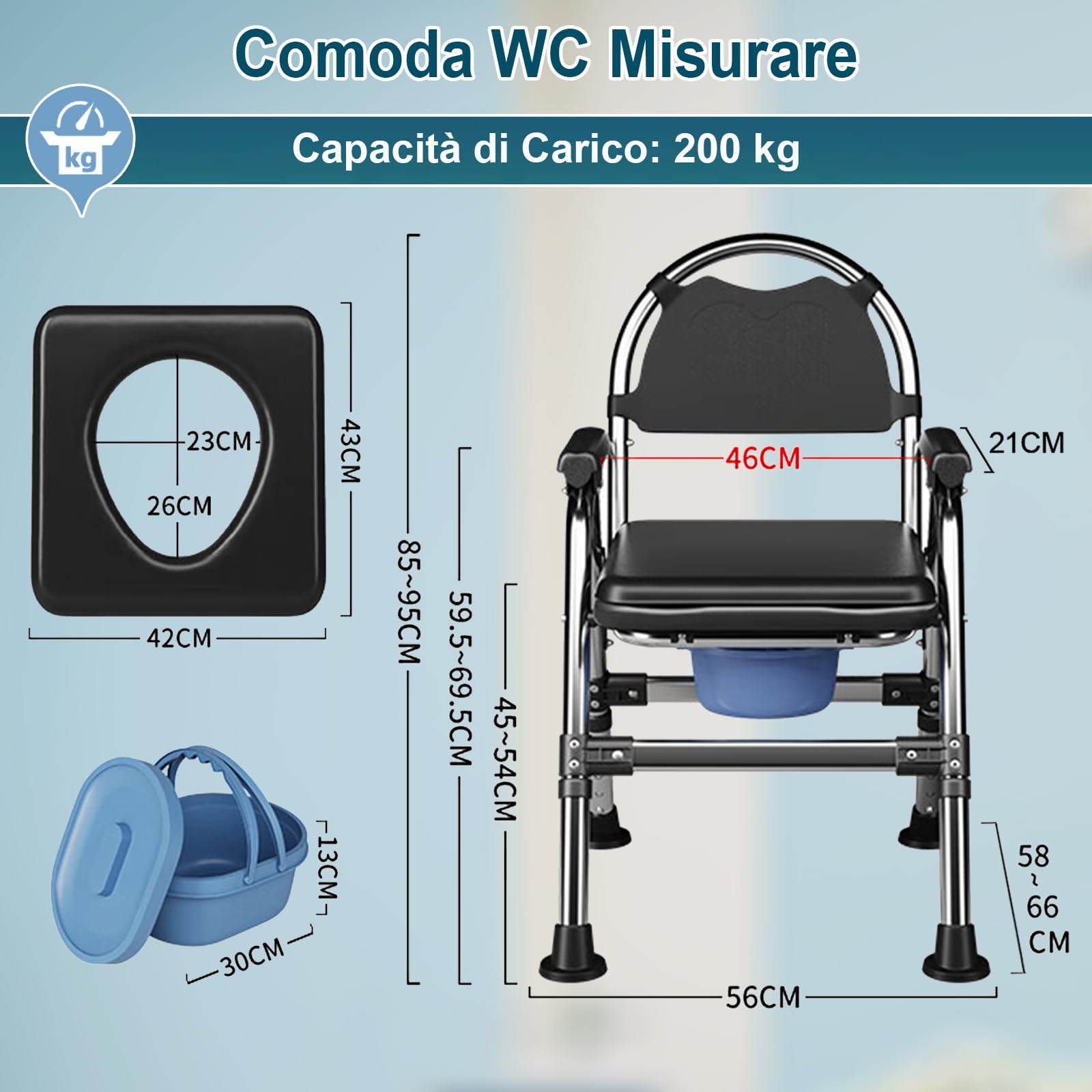 Sedia Comoda WC per Anziani Pieghevole, Regolabile in Altezza Sedia WC con Imbottito e Secchio Rimovibile, Antiscivolo Sedia per Doccia Portata Fino a 200 kg per Disabili, Donne in Gravidanza