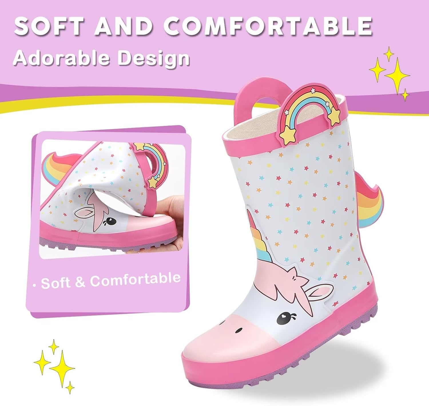 FUNCOO PLUS Toddler Rain Boots Kids Waterproof Rubber Boots for Boys and Girls with Handles in Fun Pattern