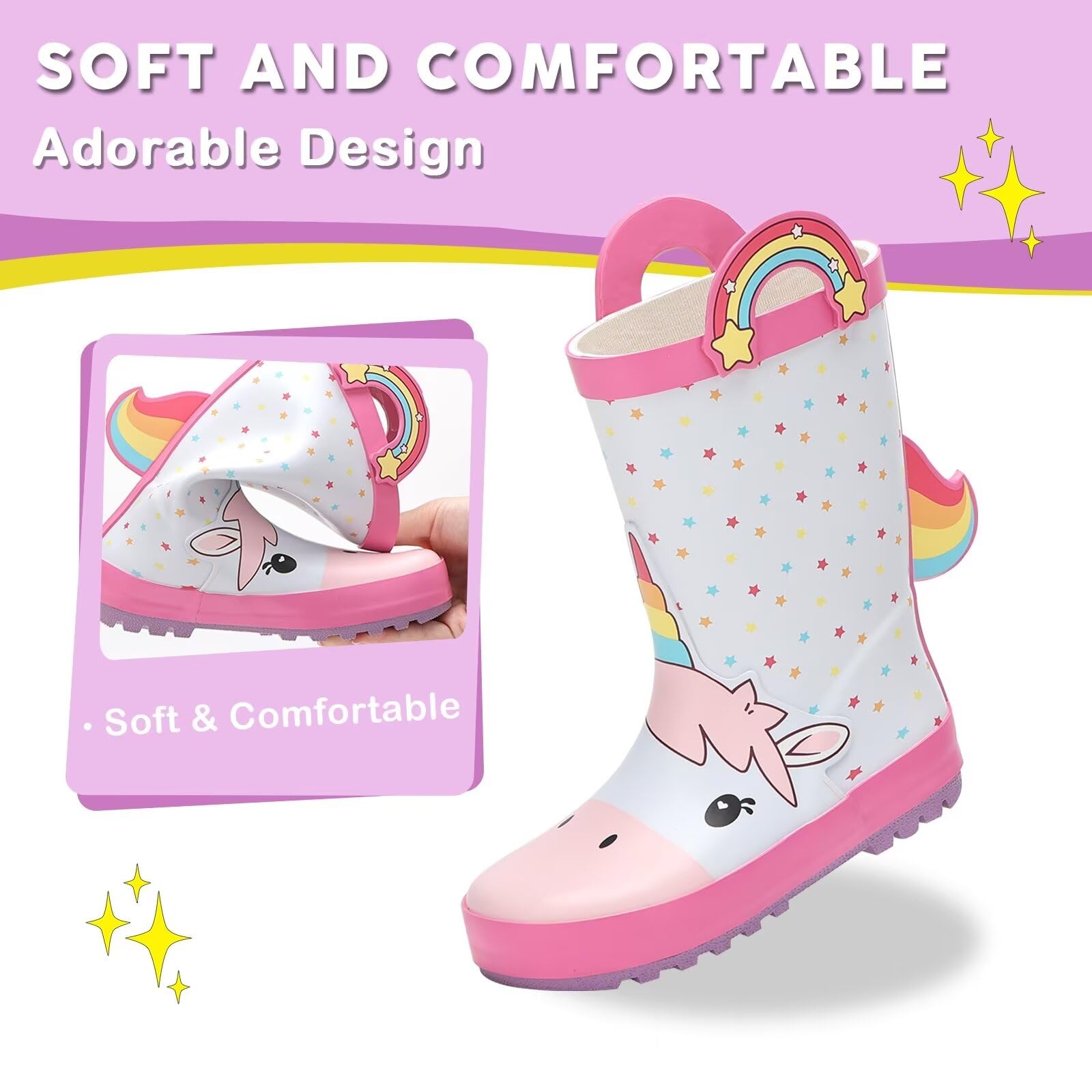 FUNCOO PLUS Botas de agua de goma para niños pequeños, botas de lluvia impermeables para niños y niñas, con asas en patrón divertido