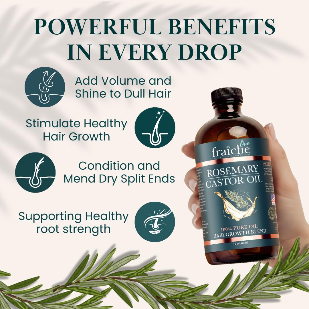 Live Fraiche Rosemary Castor Oil Glass Bottle 16oz - Organic Cold Pressed Hexane Free Castor Oil for Hair Growth - Natural Rosemary Oil to Reduce Hair Loss, Thicken & Strengthen for Healthy Scalp