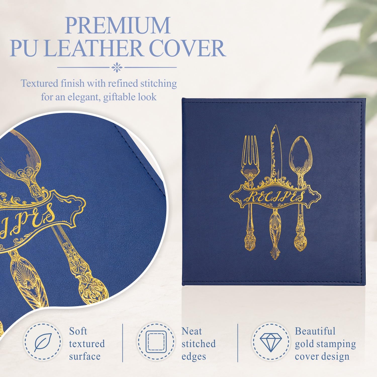 COFICE Raccoglitore per ricette, 21 x 28 cm, 3 anelli, vuoto, per scrivere le tue ricette, con copertina in similpelle PU e maniche in plastica (blu navy)