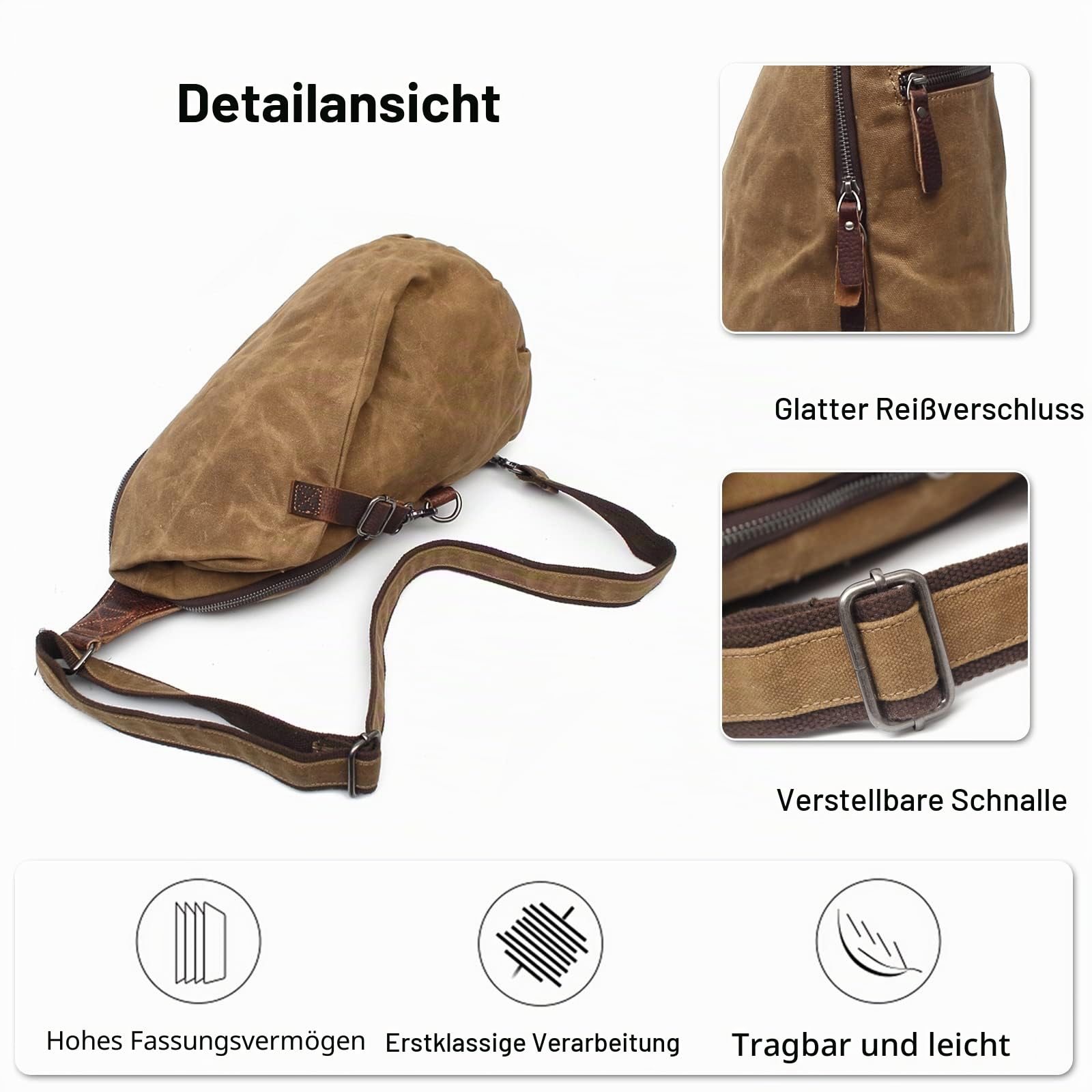 FANDARE Vintage Brusttasche Leinwand Schultertasche Herren Sling Chest Bag Beidseitig Umhängetasche für Outdoor Sport Wandern Radfahren Reisen Schultertasche Khaki