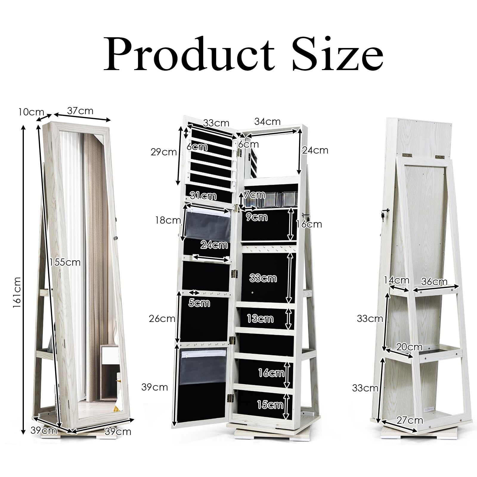 Specchio Portagioie HOMASY 3in1 Girevole - Con Serratura, 3 Ripiani, 161cm, Marrone Scuro - Foto 2