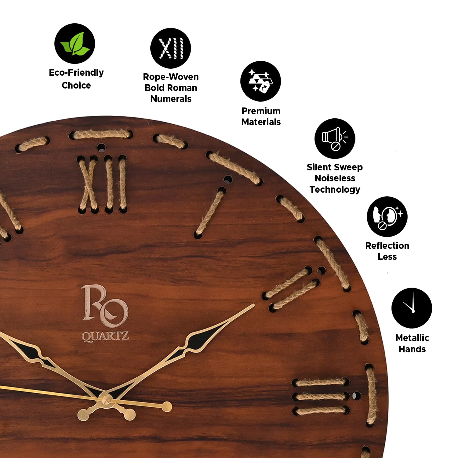 Vintage Wooden Wall Clock - Roman Dial, Golden Details -3