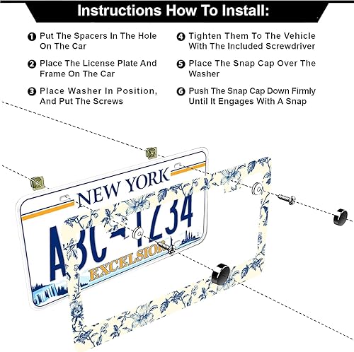 Miniatura 3 de Marcos de matrícula de flores azules  Juego de 2 piezas de 2 agujeros de acero inoxidable de metal para automóvil, accesorios de automóvil,