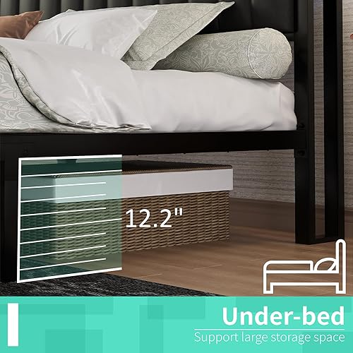 Miniatura 5 de Base de cama de tamaño matrimonial, plataforma LED con cabecera de piel sintética, estación de carga, espacio de almacenamiento de 2 niveles, no