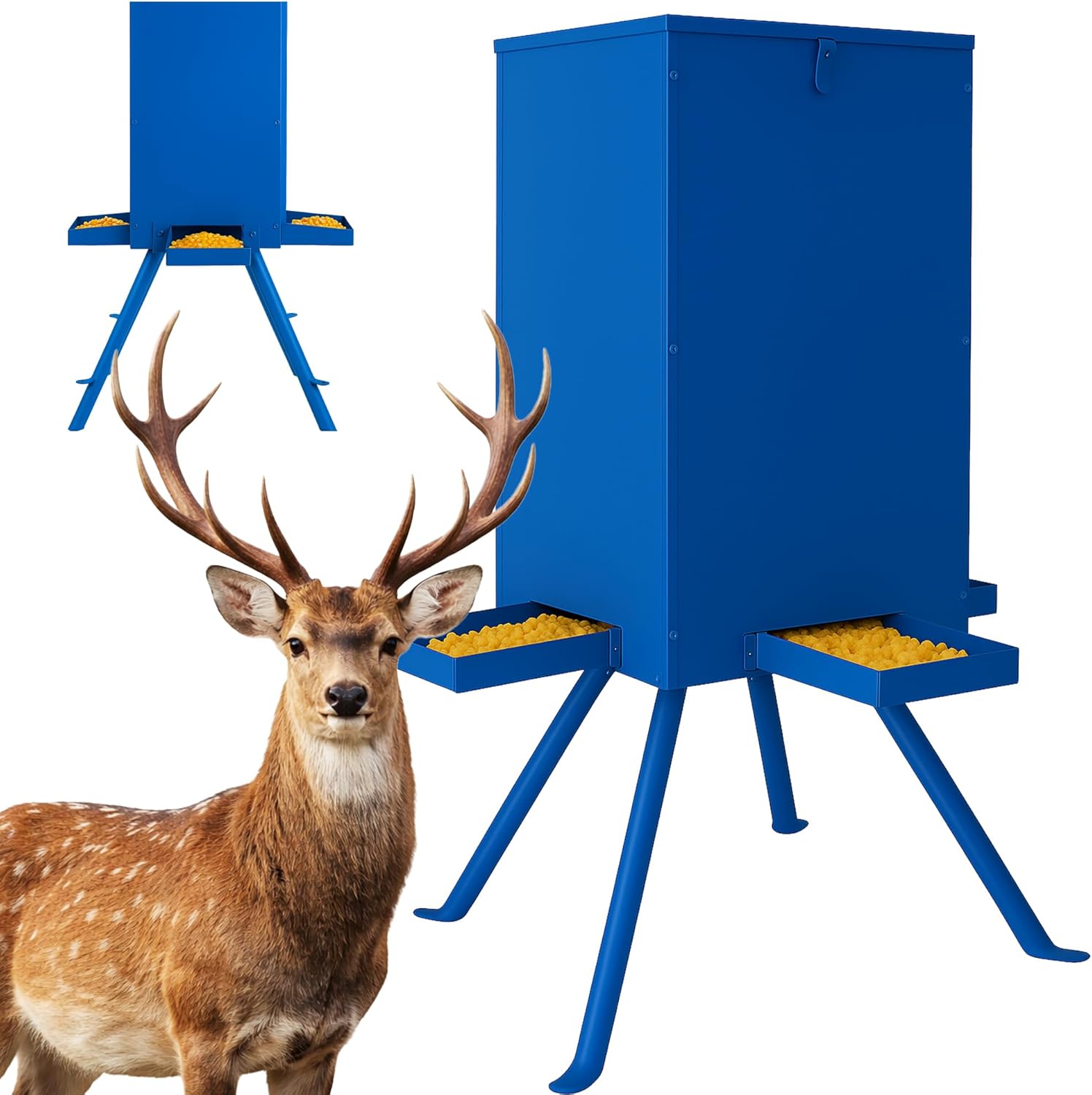 PROLEE Deer Feeder 60-70lbs, Weatherproof Deer Feeders, Heavy Duty Metal Gravity Deer Feeder with 4 Feeding Tray and 4-Leg Stand for Deers and Wildlife (Blue)