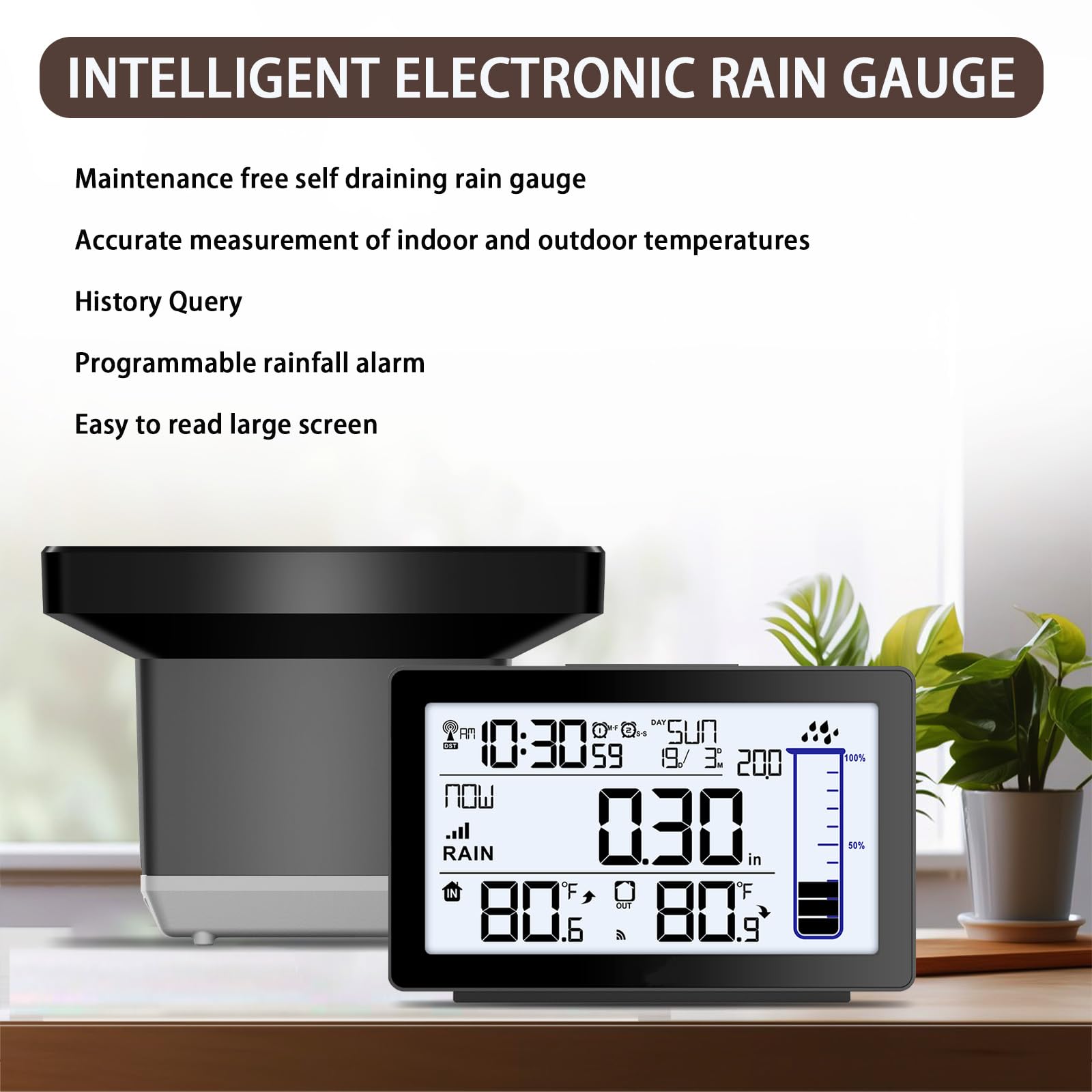 Pluviomètre numérique sans fil pour l'extérieur, auto-vidage pour l'extérieur, jauge de pluie électronique pour cour, jauge de pluie anti-gel avec thermomètre, compteur de pluie à distance pour jardin