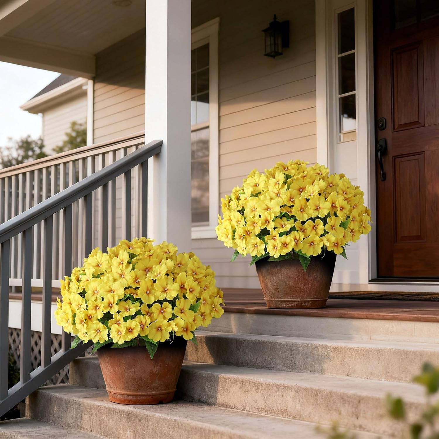 YXZZWL 2 Set of Artificial Impatiens Topiary Trees - Fake Silk Flower Potted Plants, UV-Resistant Faux Outdoor Impatiens Bushes for Front Door, Yard, Farmhouse, Garden Decor (Yellow)