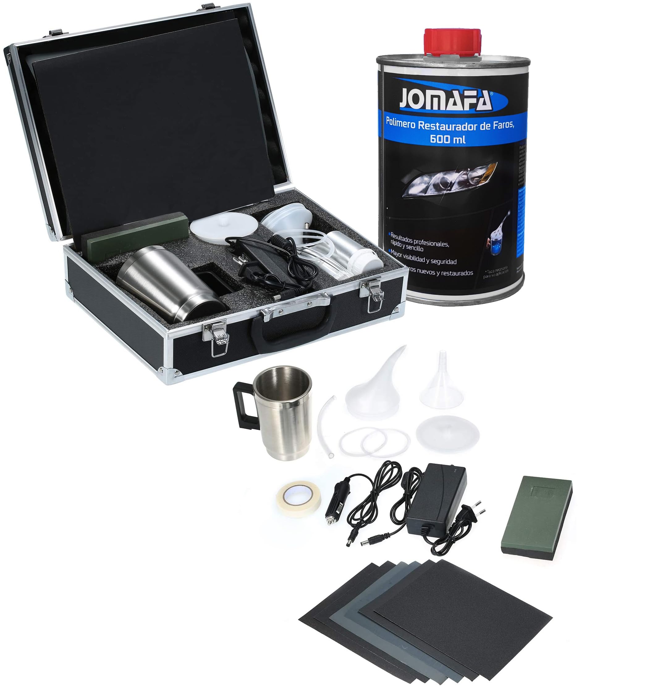 JOMAFA - Kit de reparación de faros delanteros | incluye POLIMERO 600ML | herramienta de pulido para reparación arañazos faros coche | herramientas arreglar faros | amarillear | rayones | grietas
