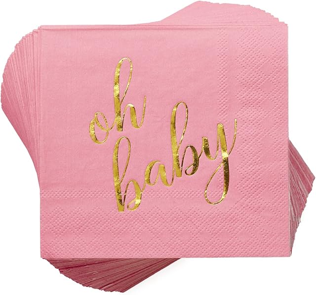 100 Pcs "Oh Baby" Pink Napkins - Girl Baby Shower - 3-Ply Pink and Gold Cocktail Napkins Baby Shower Party Supplies - Eco-friendly Party Napkins for Dessert Beverage & Table Decorations