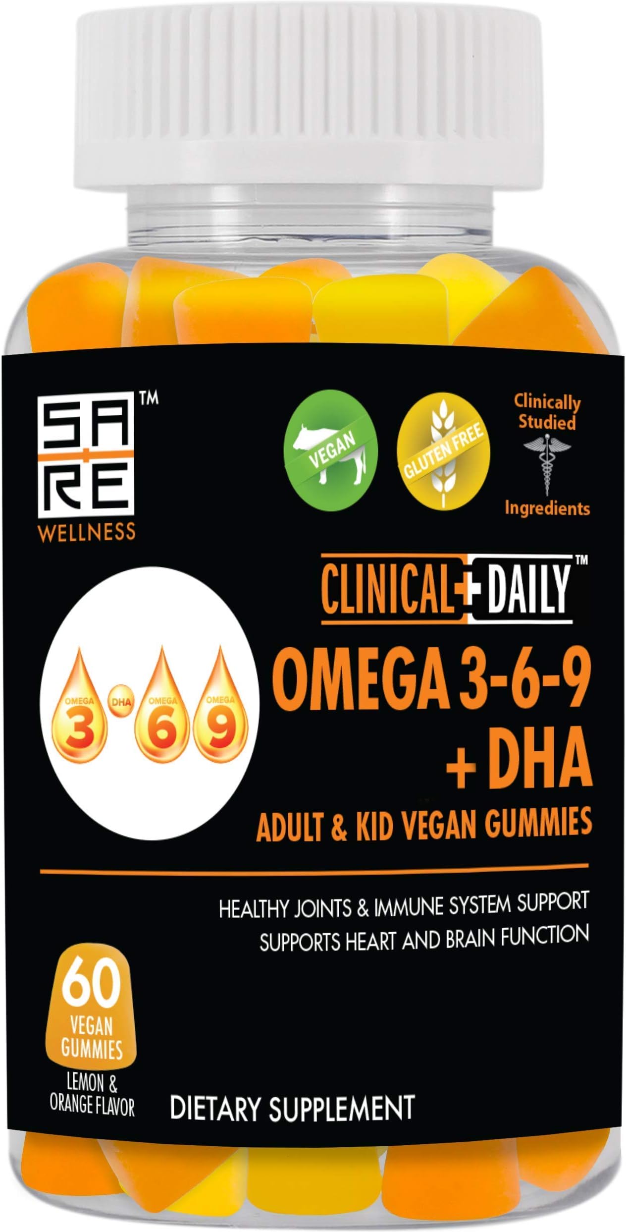 CLINICAL DAILY Vegan Omega 3 6 9 Fatty Acids DHA Supplement with Chia Oil -Advanced Adult Kid Formula for Brain, Vision, Immune System, Joint Support. Lemon Orange Flavor Gluten Free Gummies. 60 Count