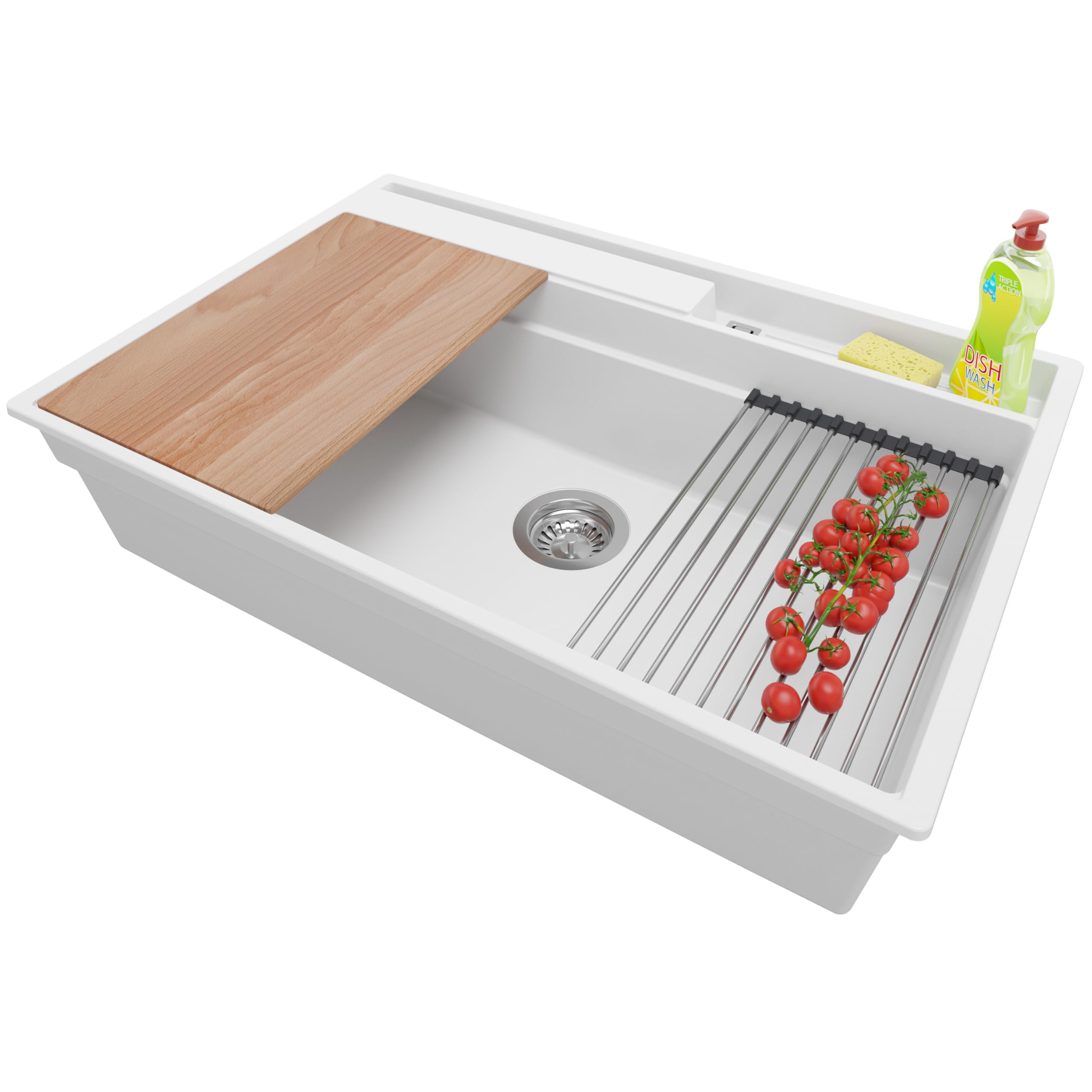 PRIMAGRAN Fregadero Cocina Blanco 78x53cm, Granito 1 Seno + Sifón + Accesorios, Sobre encimera al mueble 80cm - Oslo Pocket S241