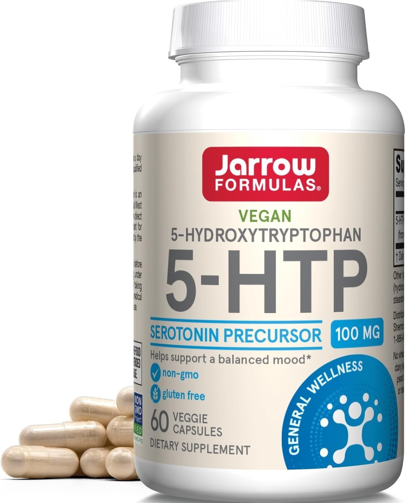 Jarrow 5-HTP 100 mg Capsules, Serotonin Precursor, 60 Count | 5-HTP Supplement, 100mg Per Capsule, Serotonin Precursor, 60 Veggie Capsules, 60 Day Supply