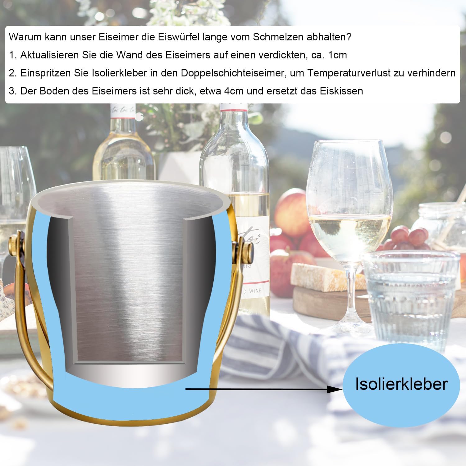 Cubo de Hielo Aislado de Doble Pared Con Pinzas, Pala y Tapa - Acero Inoxidable Para Cócteles y Fiestas - 2 L, Congelación 6 h