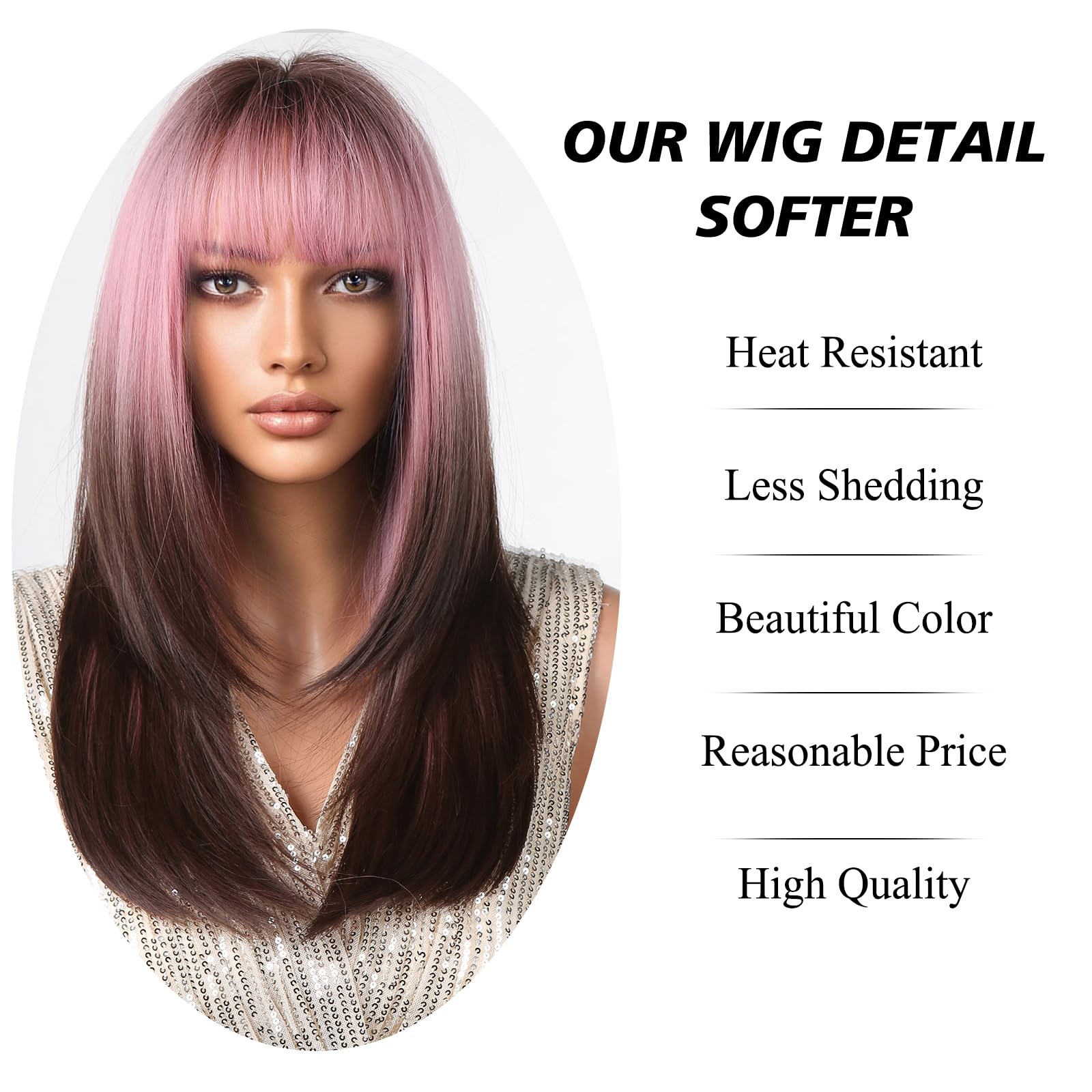 Testar Long Ombre Pink Black Wigs With Thick Bangs - Synthetic Layered Hair Wigs For Daily Use, Ombre Pink to Black, 22 inches - Image 3