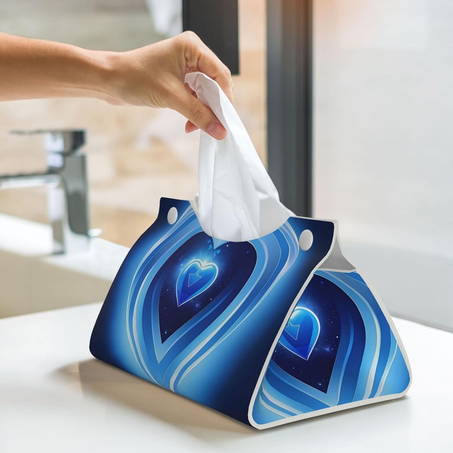 Decorative Tissue Box Cover Baby Blue Heart Tissue Box Holder Aesthetic Leather Storage Organizer Box for Bathroom Vanity Tabletop Night Stands Office Funny Home Decorative Tissue Case image 5