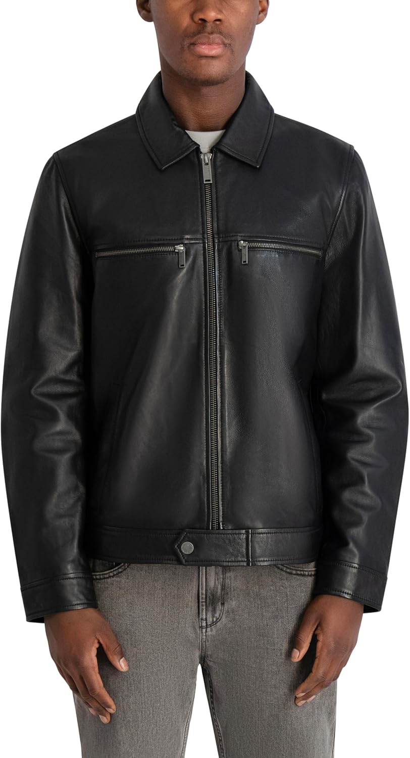 KARL LAGERFELD Men's Faux Leather Jacket With Stand Collar