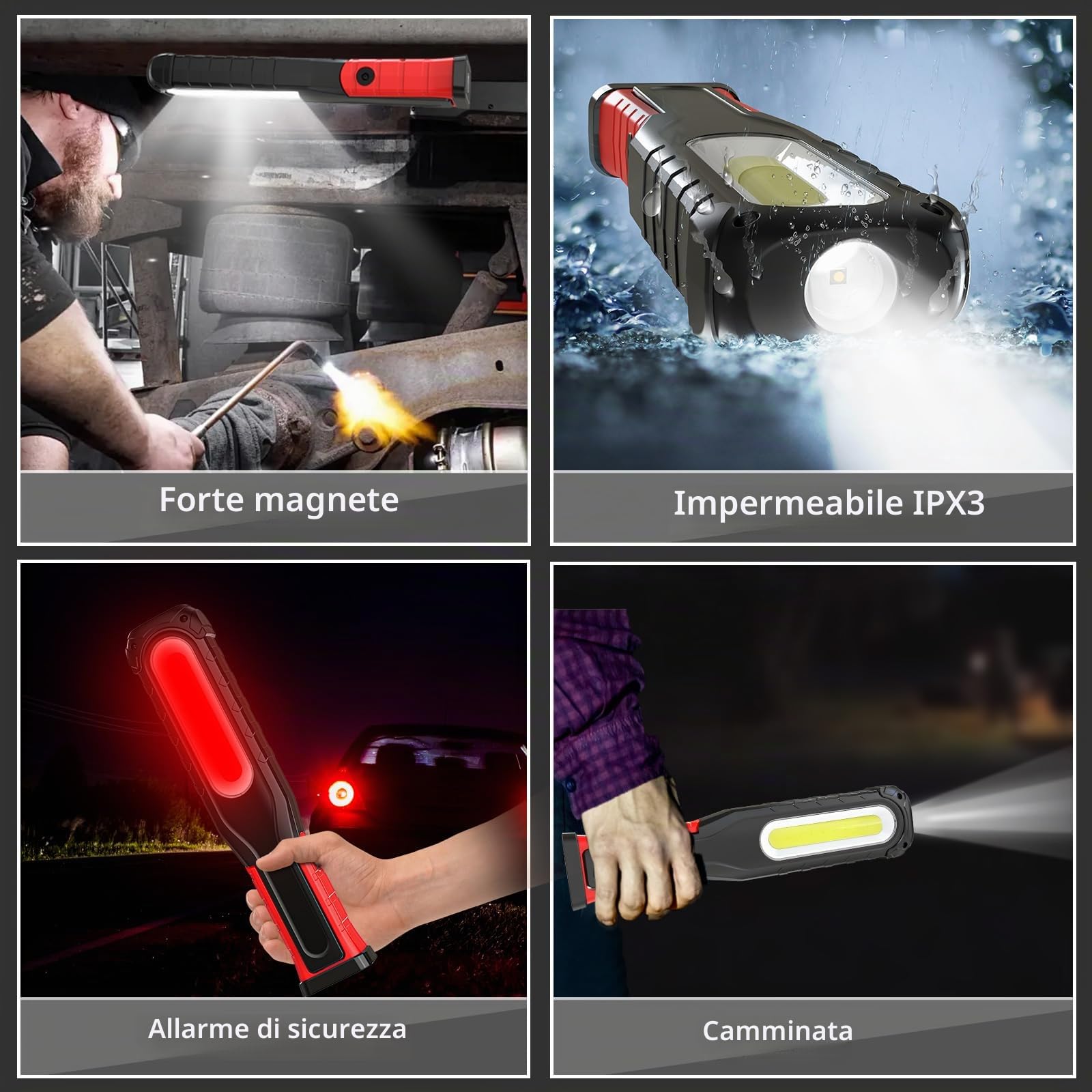 Lampada da lavoro LED, batteria da 6000 mAh, torcia elettrica con funzione orientabile, base magnetica e gancio, 5 modalità, lampada di ispezione COB per riparazione auto, officina