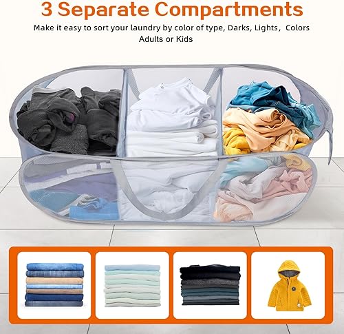 Miniatura 3 de Cestas de lavandería plegables duraderas, cesta plegable para la lavandería, cesta resistente de 3 compartimentos, bolsillo práctico y cestas de