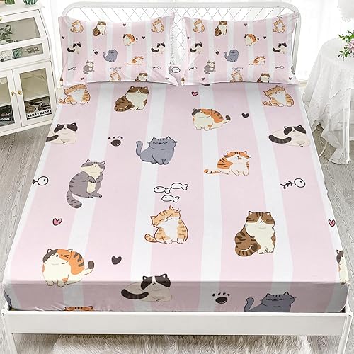AILONEN Juego de sábanas de 3 piezas con diseño de gato de dibujos animados, para niños y niñas, juego de ropa de cama Kawaii de 3 piezas, 1 sábana
