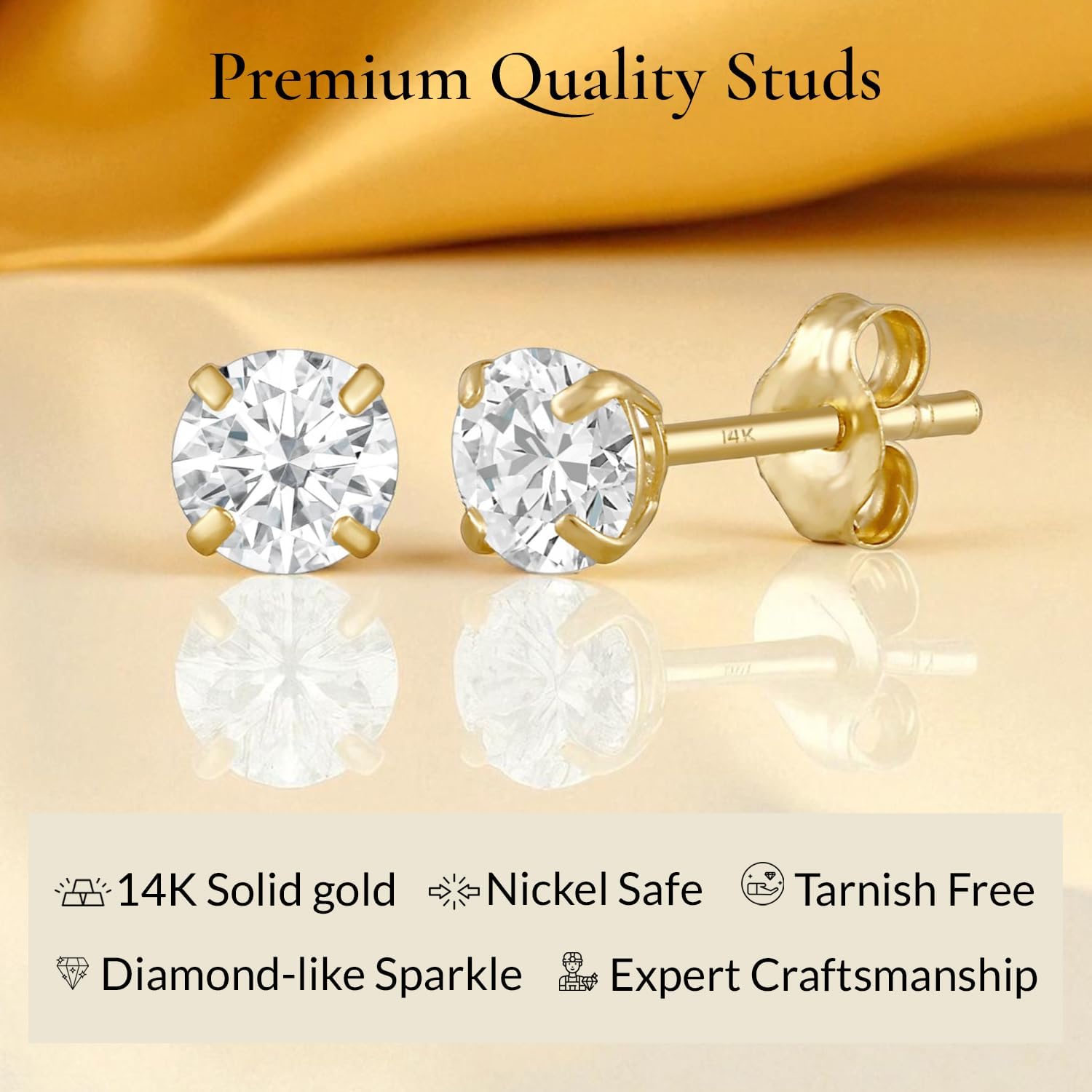 14k Gold Solitaire Round Cubic Zirconia CZ Stud Earrings for Women & Men with 14k Gold Butterfly Push Backings | 4MM-8MM with Gift Box
