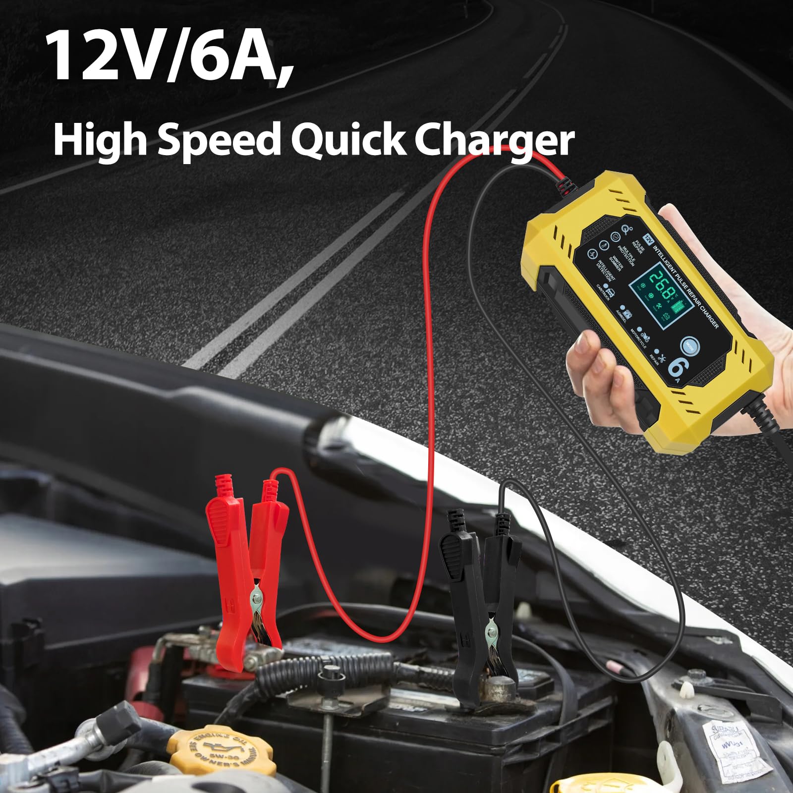 Carica Batteria per Auto, Caricabatterie Auto intelligente da 12V 6A con Schermo LCD Touch Screen, Rilevamento Automatico, Riparazione, Manutenzione e Protezioni Multiple per Piombo-Acido/AGM/Gel